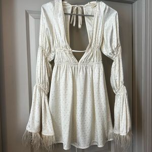 WEWOREWHAT rhinestone/feather white mini dress